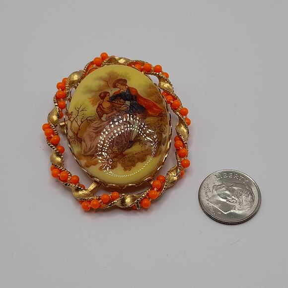 Vintage Romantic Scene Fragonard Style Brooch, Orange Bead Gold Frame, 2 Inches - Picture 5 of 9